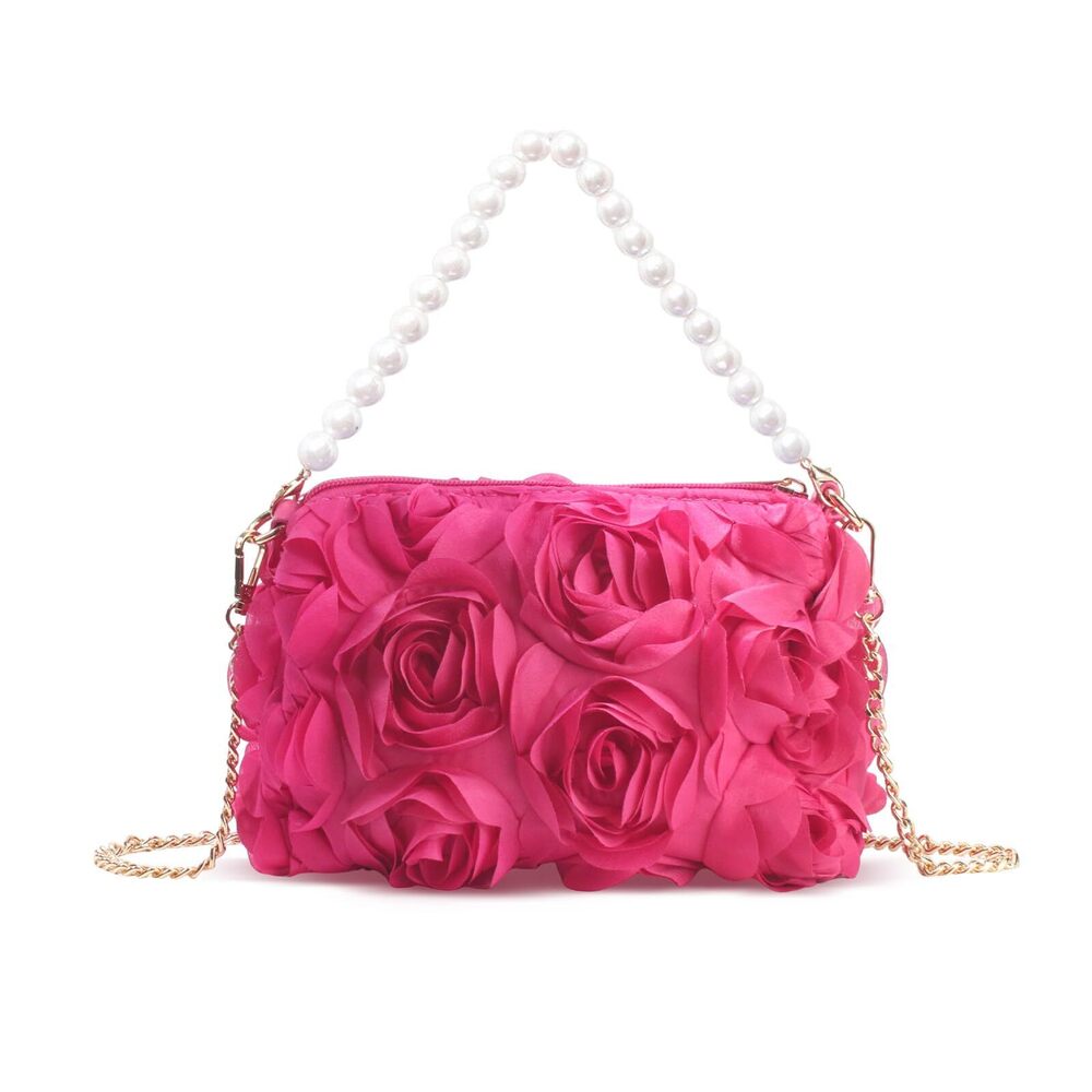 5824 Clutches Purse, Chiffon 3D Floral Evening Handbag, Pearl Beaded Top